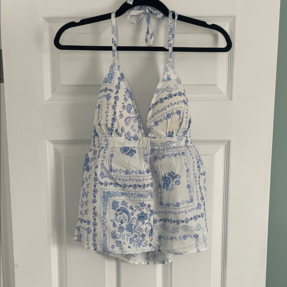 Hollister Blue and White Patterned Halter Top